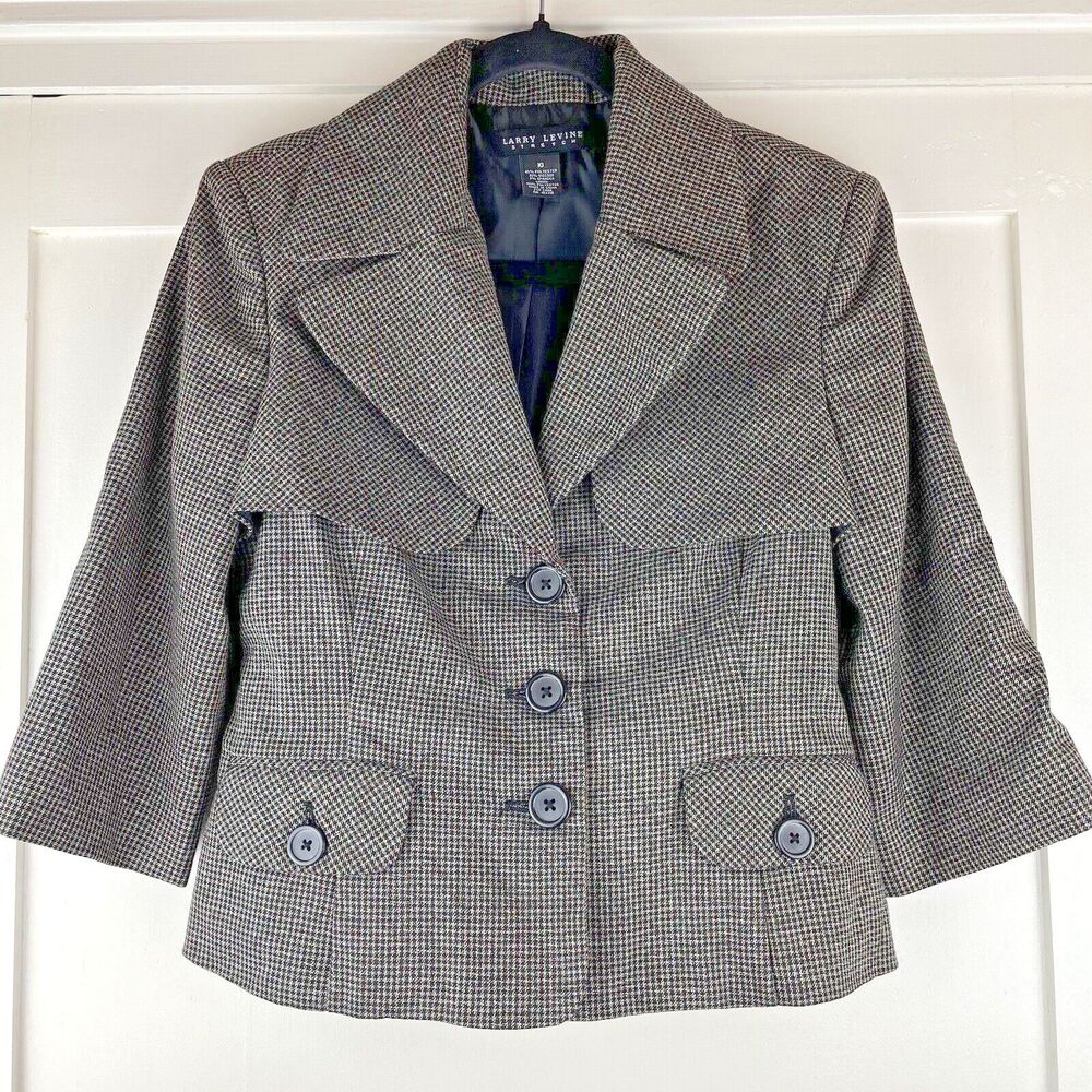 Larry Levine Stretch Jacket Women's 10 Brown Houndstooth Blazer Career Designer